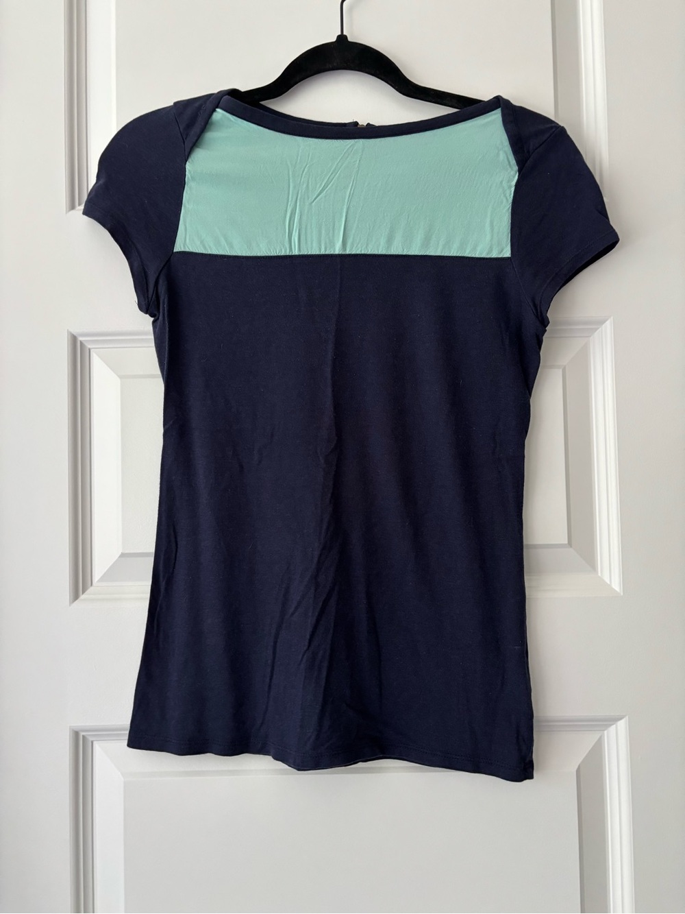 Merona Navy Mint Green Colorblock Short Sleeve Zip Back Top Size XS